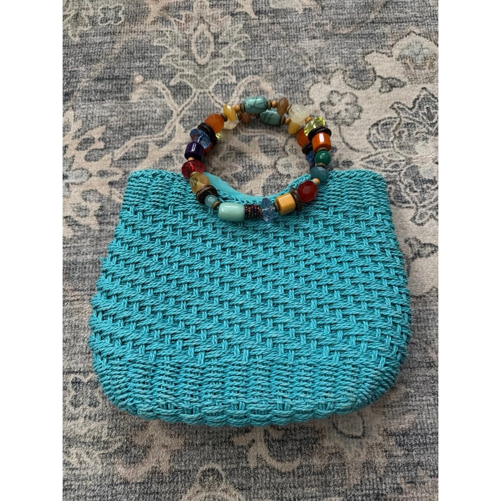 Cappelli Straworld Blue Straw Woven Handbag Colorful Beaded Handle Tote Purse